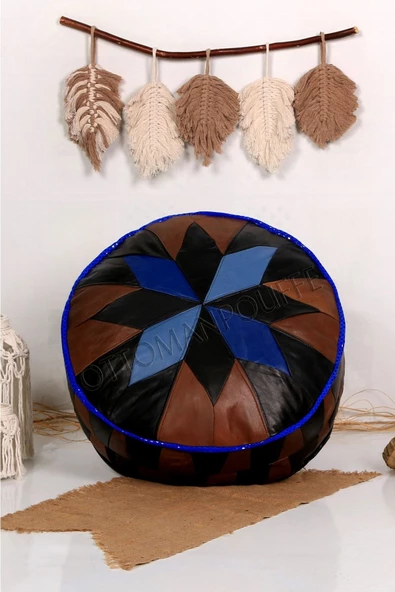 Açılışa Özel Dolgulu ! El Yapımı Hakiki Deri Orijinal Bohem Ottoman Puf Yer Minderi 60x30cm - Resim 6