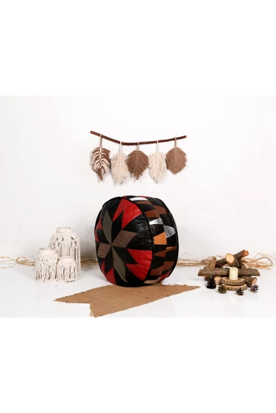 Açılışa Özel Dolgulu ! El Yapımı Hakiki Deri Orijinal Bohem Ottoman Puf Yer Minder 60x30cm - 3