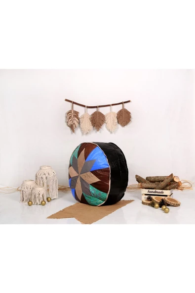 Şok Fiyat Açılışa Özel %50 Off! Art Deco El Yapımı Hakiki Deri Orijinal Bohem Ottoman Puf Minder60cm - 2