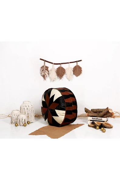 Açılışa Özel Dolgulu ! El Yapımı Hakiki Deri Orijinal Bohem Ottoman Puf Yer Minderi 60x30cm - Resim 2