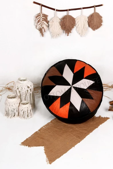 Dolgulu ! Art Deco El Yapımı Hakiki Deri Orijinal Bohem Ottoman Puf Yer Minderi 60x30cm ürün görseli