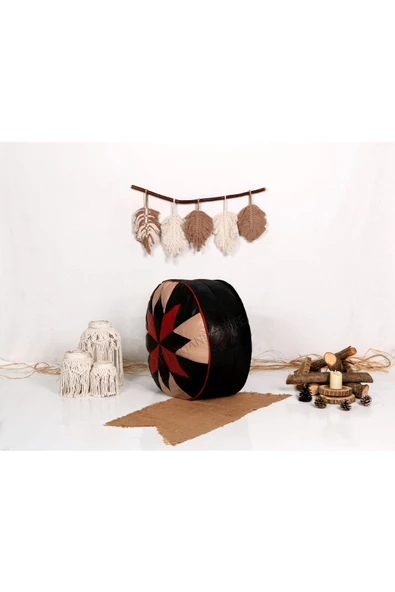 Şok Fiyat Açılışa Özel %50 Off! Art Deco El Yapımı Hakiki Deri Orijinal Bohem Ottoman Puf Minder60cm - Resim 2