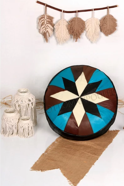 Şok Fiyat Açılışa Özel %50 Off! Art Deco El Yapımı Hakiki Deri Orijinal Bohem Ottoman Puf Minder60cm - Resim 6