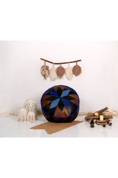 Açılışa Özel Dolgulu ! El Yapımı Hakiki Deri Orijinal Bohem Ottoman Puf Yer Minderi 60x30cm - Resim 3