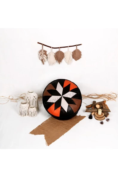 Dolgulu ! Art Deco El Yapımı Hakiki Deri Orijinal Bohem Ottoman Puf Yer Minderi 60x30cm - Resim 4