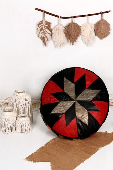 Açılışa Özel Dolgulu ! El Yapımı Hakiki Deri Orijinal Bohem Ottoman Puf Yer Minderi 60x30cm - 6