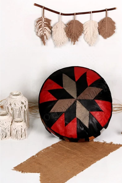 Açılışa Özel Dolgulu ! El Yapımı Hakiki Deri Orijinal Bohem Ottoman Puf Yer Minder 60x30cm