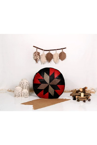 Açılışa Özel Dolgulu ! El Yapımı Hakiki Deri Orijinal Bohem Ottoman Puf Yer Minder 60x30cm - 4