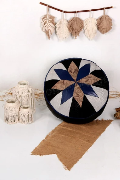 Art Deco El Yapımı Hakiki Deri Orijinal Bohem Ottoman Puf Minder60cm ürün görseli 1