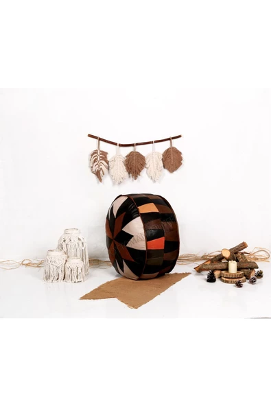 Şok Fiyat Açılışa Özel %50 Off! Art Deco El Yapımı Hakiki Deri Orijinal Bohem Ottoman Puf Minder60cm - 3