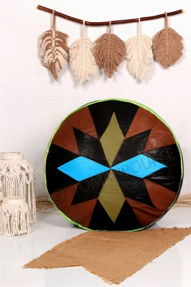 Şok Fiyat Açılışa Özel %50 Off! Art Deco El Yapımı Hakiki Deri Orijinal Bohem Ottoman Puf Minder60cm - Resim 6
