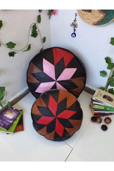 El Yapımı Hakiki Deri Orijinal Bohem Ottoman Puf Yer Minderi Ikili Set 60cm - 7