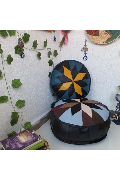 Şok Fiyat Açılışa Özel %50 Off! Art Deco El Yapımı Hakiki Deri Orijinal Bohem Ottoman Puf Minder60cm - 7