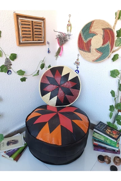 Şok Fiyat Açılışa Özel %50 Off! Art Deco El Yapımı Hakiki Deri Orijinal Bohem Ottoman Puf Minder60cm ürün görseli