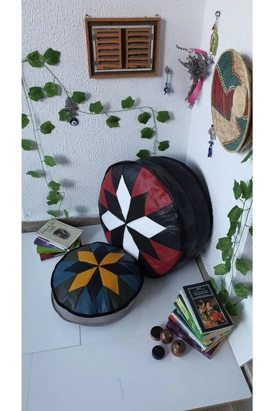 Şok Fiyat Açılışa Özel %50 Off! Art Deco El Yapımı Hakiki Deri Orijinal Bohem Ottoman Puf Minder60cm - 7