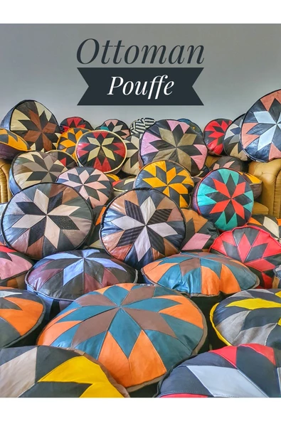 El Yapımı Hakiki Deri Orijinal Bohem Ottoman Puf Minder60cm - Resim 7