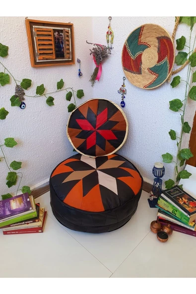 Şok Fiyat Açılışa Özel %50 Off! Art Deco El Yapımı Hakiki Deri Orijinal Bohem Ottoman Puf Minder60cm - Resim 6