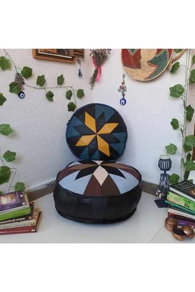 Şok Fiyat Açılışa Özel %50 Off! Art Deco El Yapımı Hakiki Deri Orijinal Bohem Ottoman Puf Minder60cm - 4