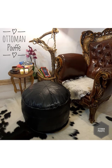 İskandinav El Yapımı Hakiki Deri Ottoman Siyah Puf Yer Minderi 60x40cm (DOLGULU) - 6