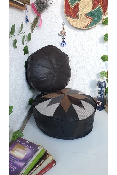 Şok Fiyat Açılışa Özel %50 Off! Art Deco El Yapımı Hakiki Deri Orijinal Bohem Ottoman Puf Minder60cm - Resim 5