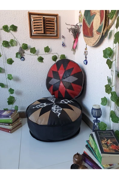 Şok Fiyat Açılışa Özel %50 Off! Art Deco El Yapımı Hakiki Deri Orijinal Bohem Ottoman Puf Minder60cm - 4
