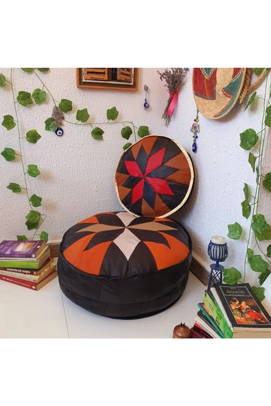 Şok Fiyat Açılışa Özel %50 Off! Art Deco El Yapımı Hakiki Deri Orijinal Bohem Ottoman Puf Minder60cm - Resim 3