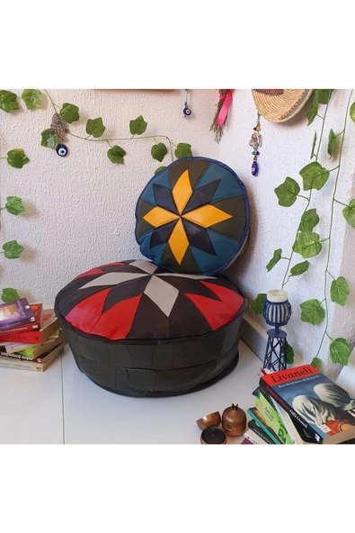 Şok Fiyat Açılışa Özel %50 Off! Art Deco El Yapımı Hakiki Deri Orijinal Bohem Ottoman Puf Minder60cm