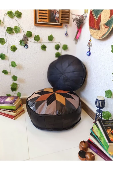 Şok Fiyat Açılışa Özel %50 Off! Art Deco El Yapımı Hakiki Deri Orijinal Bohem Ottoman Puf Minder60cm - 8