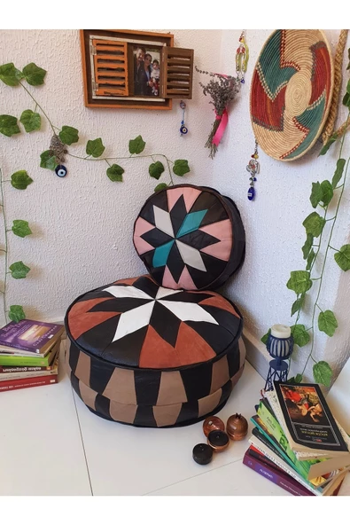 Şok Fiyat Açılışa Özel %50 Off! Art Deco El Yapımı Hakiki Deri Orijinal Bohem Ottoman Puf Minder60cm