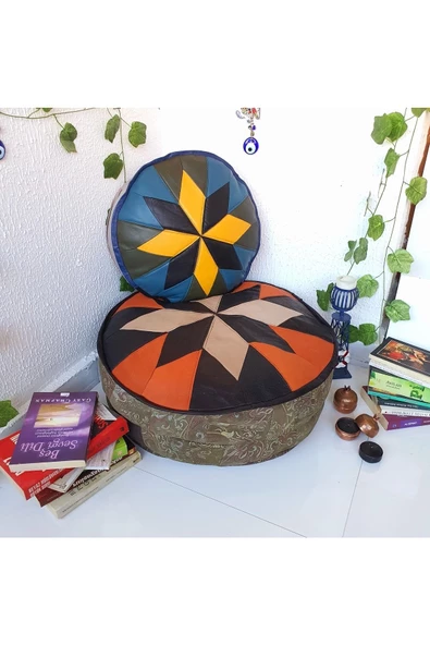 Şok Fiyat Açılışa Özel %50 Off! Art Deco El Yapımı Hakiki Deri Orijinal Bohem Ottoman Puf Minder60cm - Resim 4