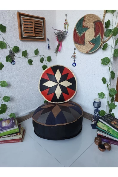 El Yapımı Hakiki Deri Bohem Ottoman Puf Yer Minder Ikili 60-40cm Set Of 2 - 6