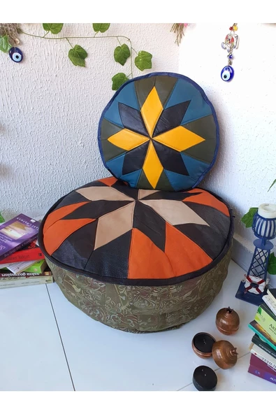 Şok Fiyat Açılışa Özel %50 Off! Art Deco El Yapımı Hakiki Deri Orijinal Bohem Ottoman Puf Minder60cm - Resim 2