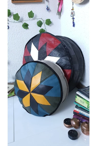 Şok Fiyat Açılışa Özel %50 Off! Art Deco El Yapımı Hakiki Deri Orijinal Bohem Ottoman Puf Minder60cm - 6