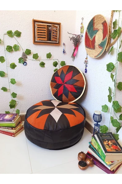 Şok Fiyat Açılışa Özel %50 Off! Art Deco El Yapımı Hakiki Deri Orijinal Bohem Ottoman Puf Minder60cm ürün görseli 1
