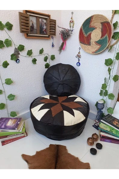 Şok Fiyat Açılışa Özel %50 Off! Art Deco El Yapımı Hakiki Deri Orijinal Bohem Ottoman Puf Minder60cm - 3