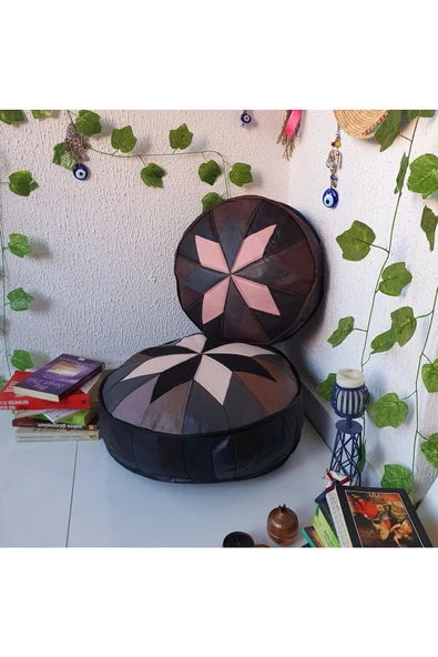 Şok Fiyat Açılışa Özel %50 Off! Art Deco El Yapımı Hakiki Deri Orijinal Bohem Ottoman Puf Minder60cm - Resim 2