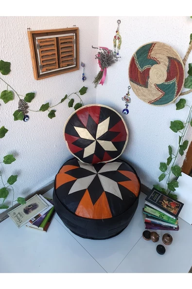 El Yapımı Hakiki Deri Bohem Ottoman Puf Yer Minder Ikili 60-40cm Set Of 2 - Resim 4