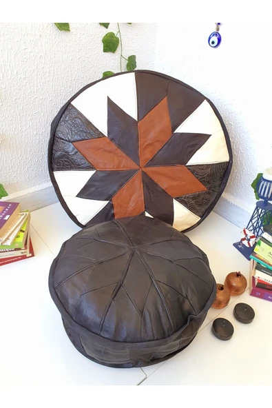 Şok Fiyat Açılışa Özel %50 Off! Art Deco El Yapımı Hakiki Deri Orijinal Bohem Ottoman Puf Minder60cm - Resim 7