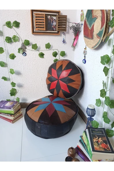 Şok Fiyat Açılışa Özel %50 Off! Art Deco El Yapımı Hakiki Deri Orijinal Bohem Ottoman Puf Minder60cm - Resim 2