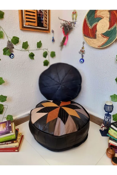 Şok Fiyat Açılışa Özel %50 Off! Art Deco El Yapımı Hakiki Deri Orijinal Bohem Ottoman Puf Minder60cm - 7