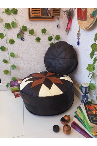 El Yapımı Hakiki Deri Orijinal Bohem Ottoman Puf Minder60cm - Resim 2