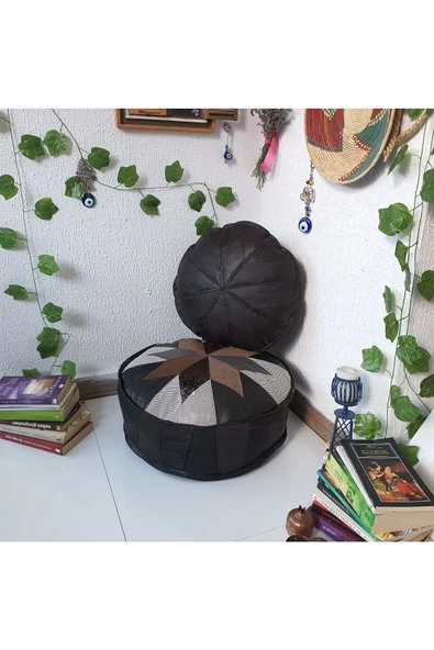 Şok Fiyat Açılışa Özel %50 Off! Art Deco El Yapımı Hakiki Deri Orijinal Bohem Ottoman Puf Minder60cm ürün görseli 1