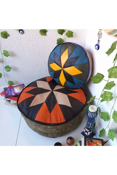 Şok Fiyat Açılışa Özel %50 Off! Art Deco El Yapımı Hakiki Deri Orijinal Bohem Ottoman Puf Minder60cm - Resim 6