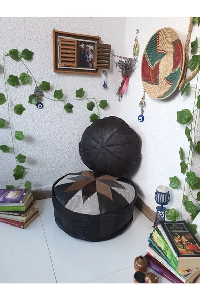 Şok Fiyat Açılışa Özel %50 Off! Art Deco El Yapımı Hakiki Deri Orijinal Bohem Ottoman Puf Minder60cm - Resim 2