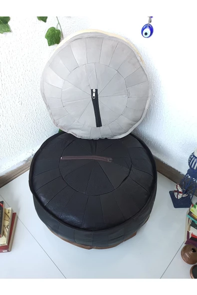 El Yapımı Hakiki Deri Bohem Ottoman Puf Yer Minder Ikili 60-40cm Set Of 2 - 8