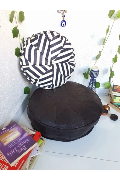 Şok Fiyat Açılışa Özel %50 Off! Art Deco El Yapımı Hakiki Deri Orijinal Bohem Ottoman Puf Minder60cm - Resim 4