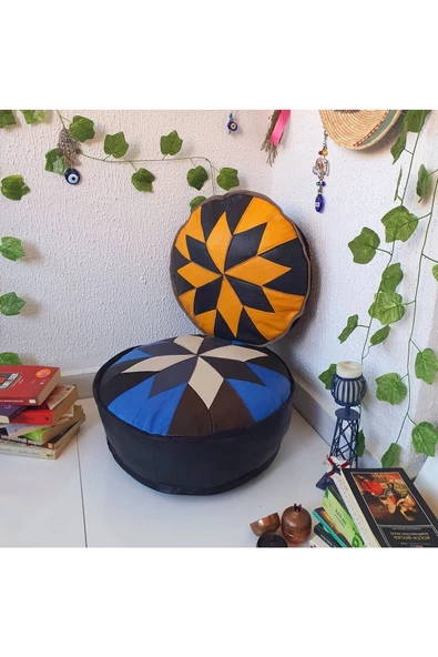 Şok Fiyat Açılışa Özel %50 Off! Art Deco El Yapımı Hakiki Deri Orijinal Bohem Ottoman Puf Minder60cm