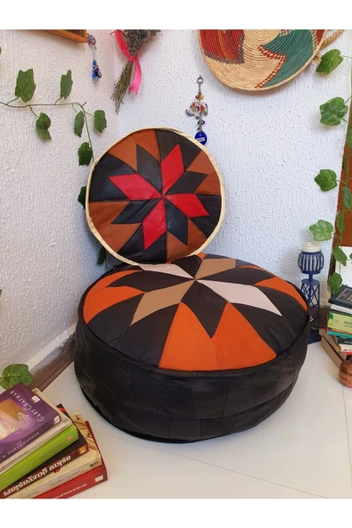 Şok Fiyat Açılışa Özel %50 Off! Art Deco El Yapımı Hakiki Deri Orijinal Bohem Ottoman Puf Minder60cm - Resim 7