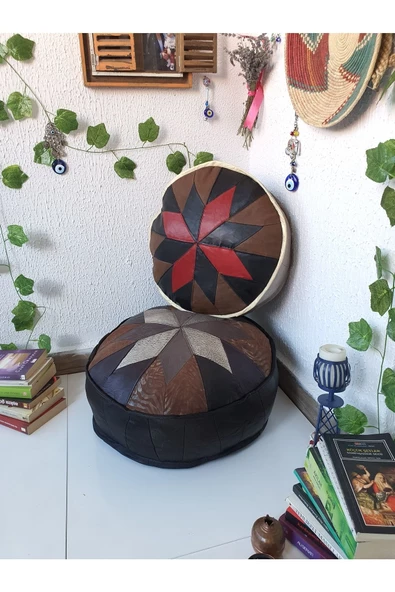 Şok Fiyat Açılışa Özel %50 Off! Art Deco El Yapımı Hakiki Deri Orijinal Bohem Ottoman Puf Minder60cm