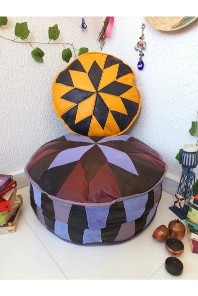 El Yapımı Hakiki Deri Bohem Ottoman Puf Yer Minder Ikili 60-40 cm Set Of 2 - 6